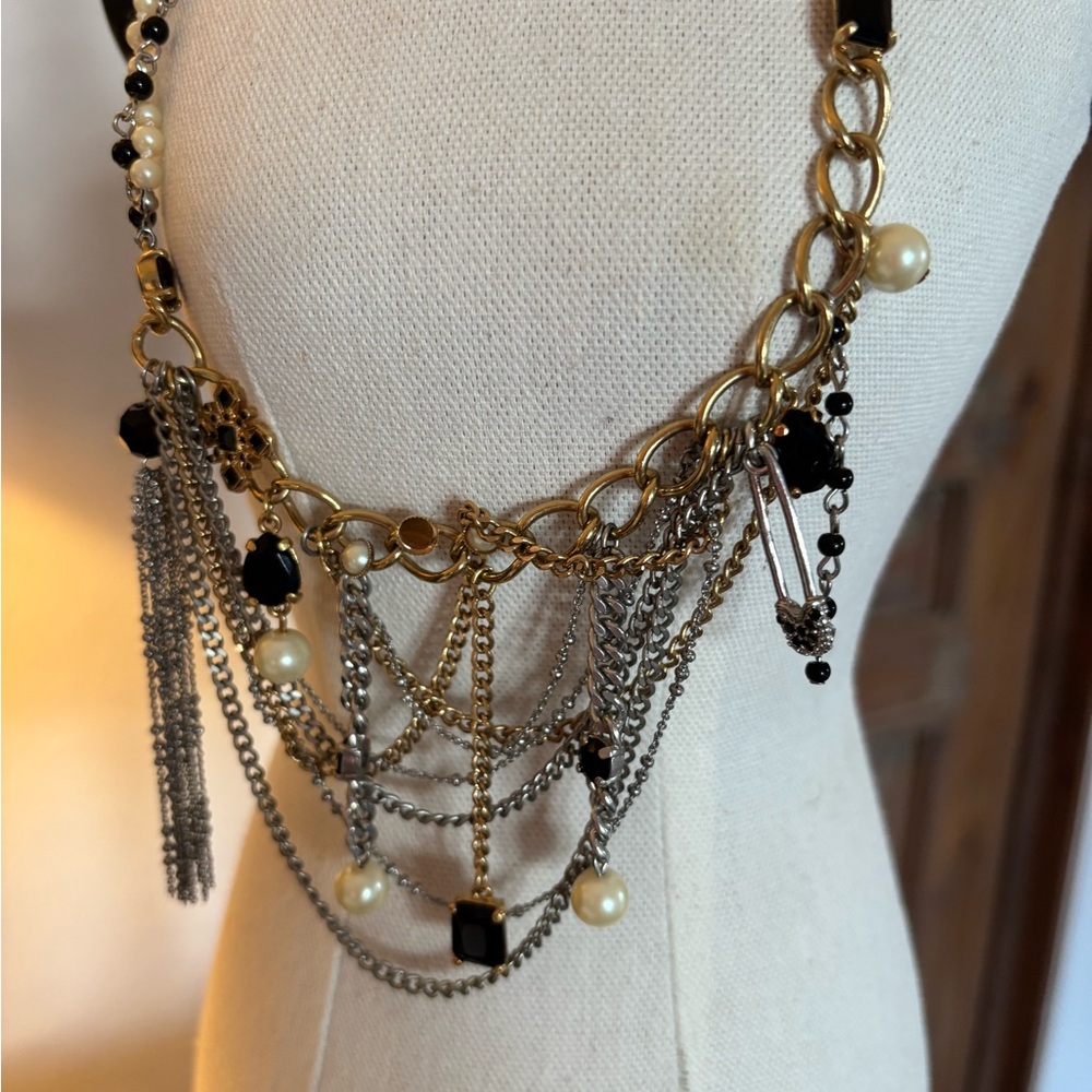 Super fun Gold and Silver Chain Necklace with Black and Pearl Accents